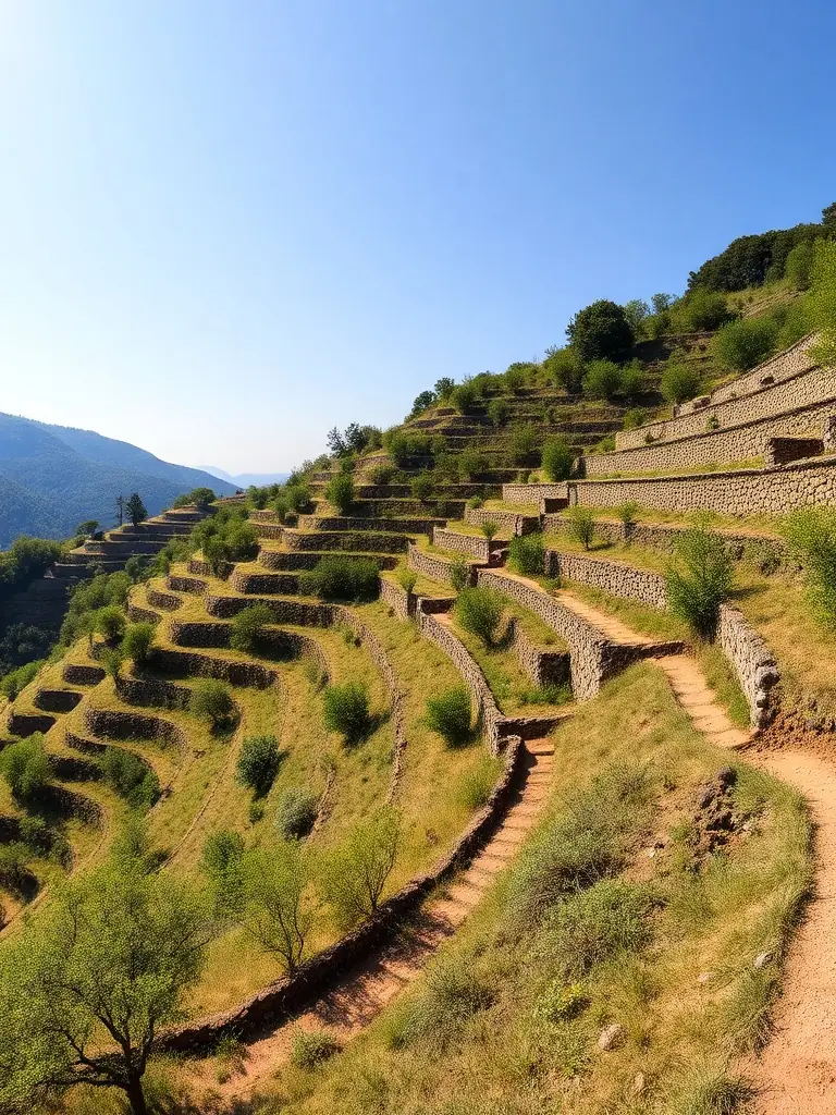 A scenic shot of a terraced hillside in Mauriac, demonstrating how well-maintained trails prevent soil erosion and preserve the landscape's integrity.