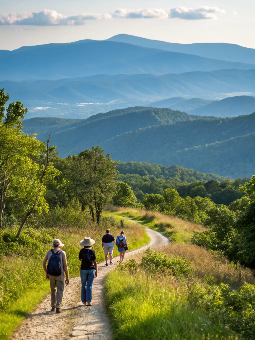 A photograph of a group of hikers participating in a guided tour of the Mauriac region, highlighting the organization's promotion of tourism and healthy lifestyles.