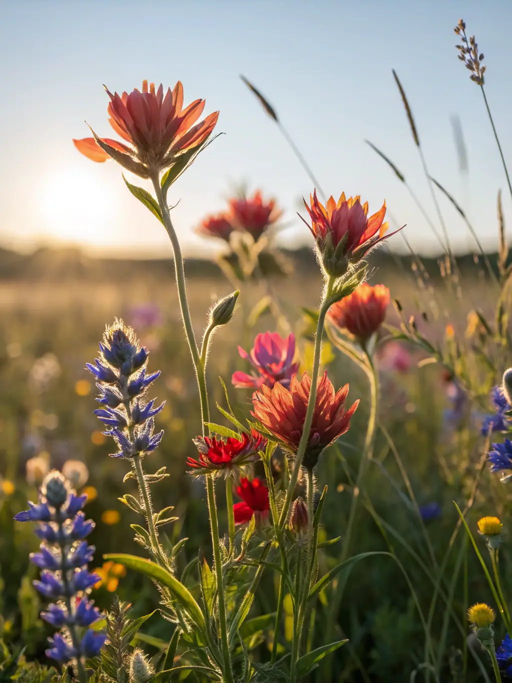 A vibrant photograph capturing a diverse array of wildflowers blooming along a well-maintained hiking trail in the Cantal region, showcasing the biodiversity preserved by MAURIAC CANTAL RANDO's trail maintenance efforts.