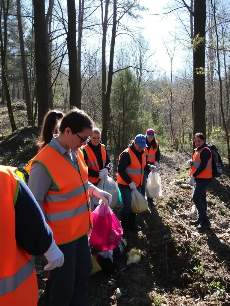 A photograph of community members participating in an environmental cleanup event organized by MAURIAC CANTAL RANDO, demonstrating the organization's focus on environmental stewardship.