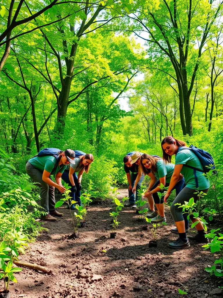 A photograph of a volunteer team from MAURIAC CANTAL RANDO planting trees along a trail, illustrating their commitment to reforestation and carbon sequestration.
