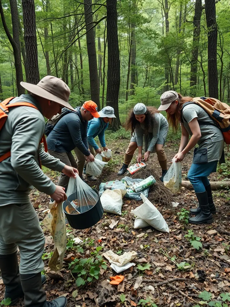 A photograph of volunteers clearing debris from a hiking trail in the Cantal region, showcasing the organization's commitment to trail maintenance.